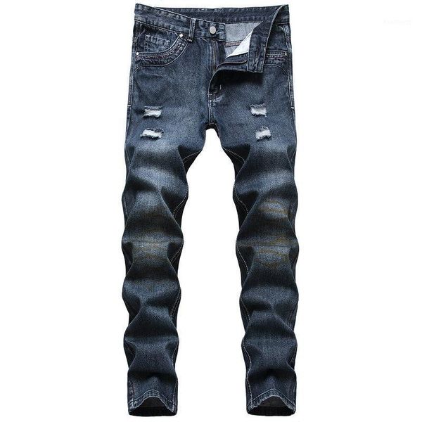 

ripped denim trendy men pants dropship personalized printing jeans denim men european and american tattered1, Blue