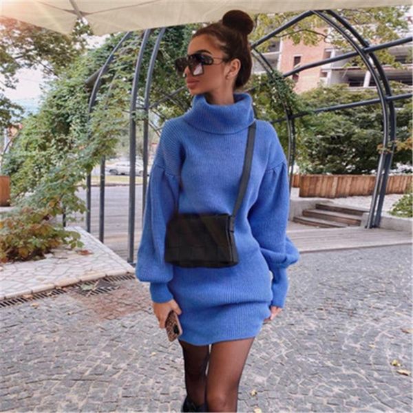 

ladies lantern sleeve sweater dress fashion trend long sleeve high neck knitting sweater skirt designer female autumn new casual loose dress, Black;gray