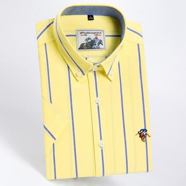 

fashion yellow 100% cotton stripe twill casual business oxford short sleeve shirt with logo solid color slim-fit, White;black