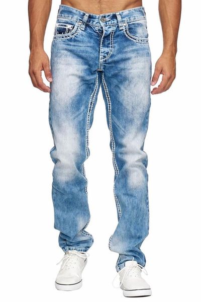 Модные джинсы мужчины с высокой талией узкие брюки Мужские джинсовые брюки пятно весеннее осень прямой байкер черные голубые брюки Джин