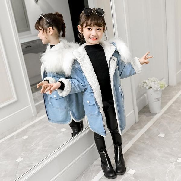

girls winter jeans coat 2020 new style korean-style brushed and thick cotton-padded clothes little girl western style large fur, Blue;gray