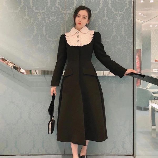 

women black woolen coat 2020 elegant turn down collar diamond single breasted slim long trench coat dress female winter outwear1