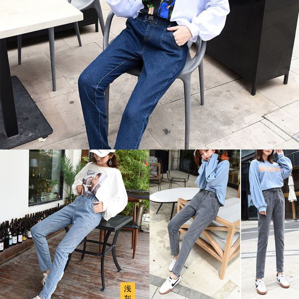 

new elastic waist highly waist women pencil jeans vintage gray skinny boyfriend denim pants plus size stretchy streetwear jeans y1214, Blue