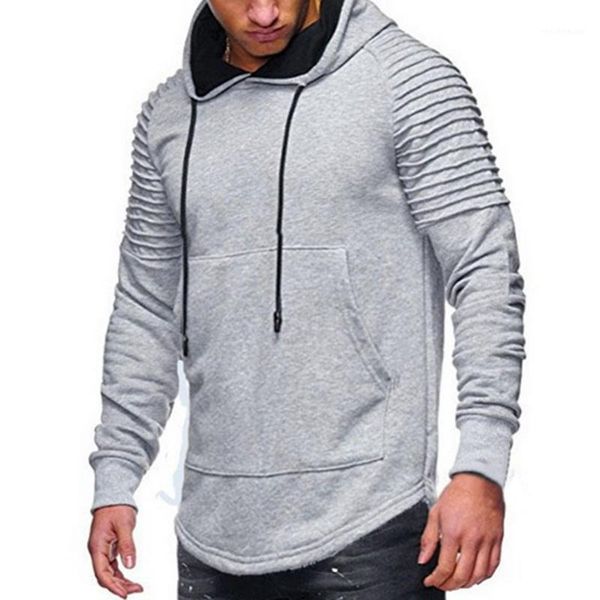 

men's pleated hoodies long sleeve men sweatshirt pocket hip hop hoodie streetwear longline curved hem hooded homme1, Black