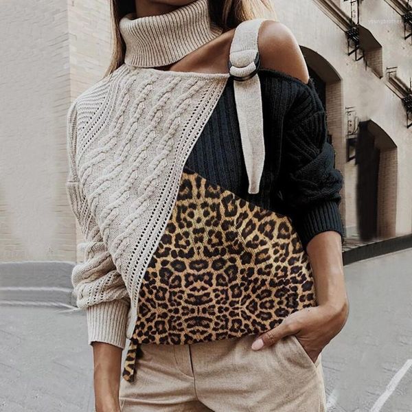 

women's sweaters leopard patchwork turtleneck sweater women off shoulder color block knitted batwing long sleeve pullovers1, White;black