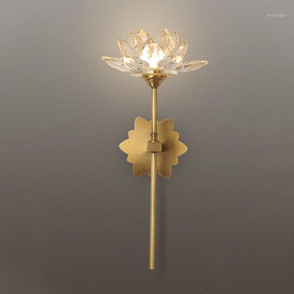 

chinese copper lotus wall lamps zen living room bedroom creative crystal sconce wall lights study corridor decorative lighting1