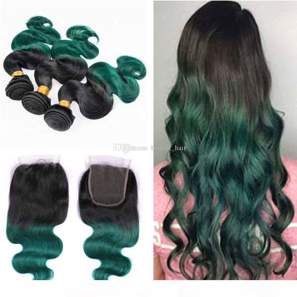 

ombre color 1b green 3 bundles with closure 4x4 dark roots 1b green body wave brazilian hair weaves extensions with closure 4x4, Black