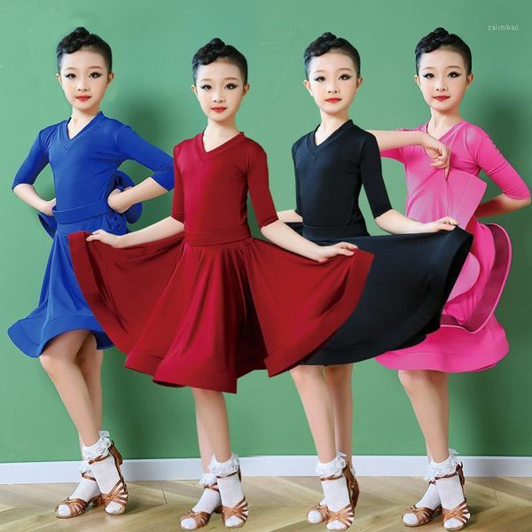 

2020 girl latin dance dress child competition latin dancing dress kid fitness children samba rumba girl showing dancing skirts1, Black;red