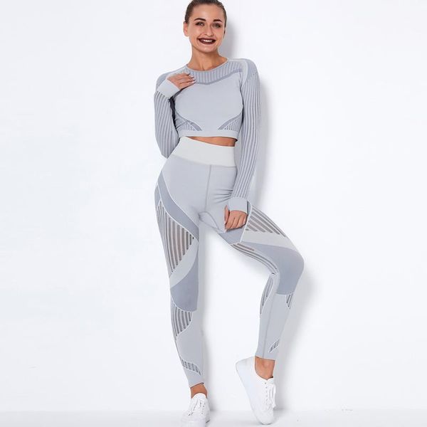 

yoga outfits svokor striped seamless sport set fitness stretch women's clothing slim long-sleeved knitted sportswear gym tracksuit, White;red