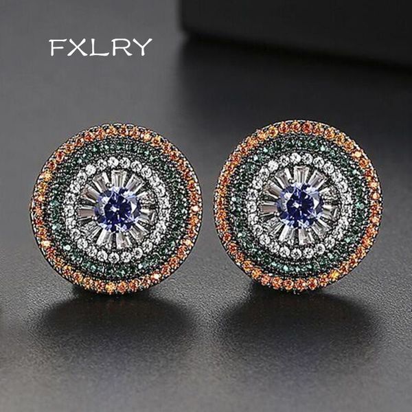

fxlry new design copper inlaid cubic zirconia geometry vintage stud earrings for women jewelry accessory, Golden;silver