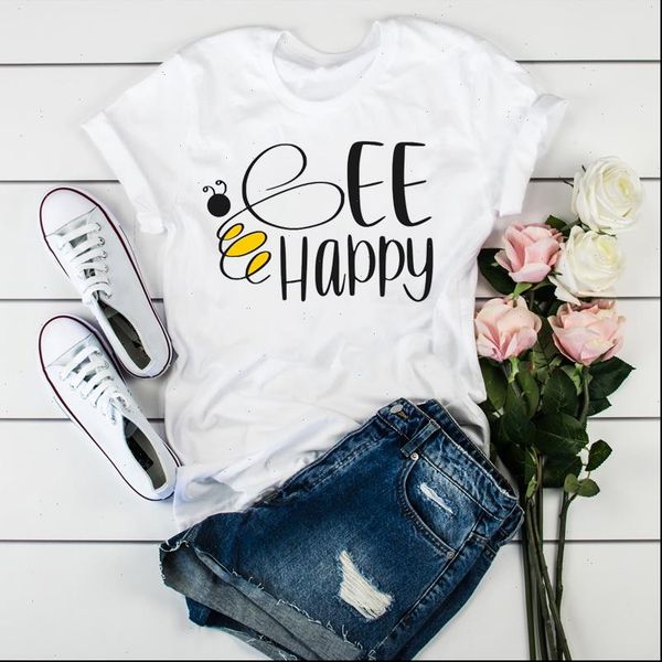 

women bee happy letter cartoon fashion print clothes ladies womens clothes female tumblr t shirt graphic t shirt t shirts, White