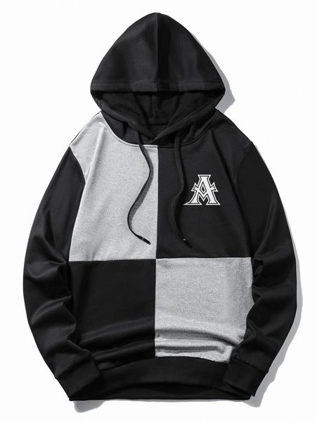 

men colorblock letter graphic drawstring hoodie e1oy#, Black
