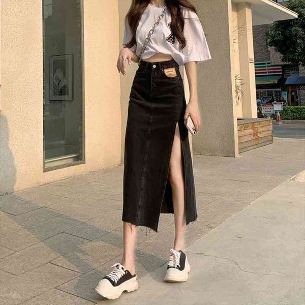 

retro high waist bag hip denim skirt woman fashion loose side slit open legs mustache pleated slim a-line denim, Black