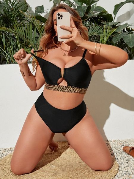 

plus chain pattern v wired bikini swimsuit g2yo#, Black