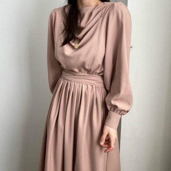 

casual dresses women's dress solid o-neck puff sleeves medium long sashes empire elastic waist mid-calf a-line, Black;gray