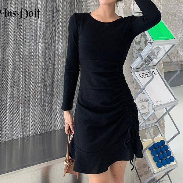

insdoit streetwear solid black mini dress gothic vintage bodycon party dresses harajuku elegant long sleeve bandage women dress, Black;gray
