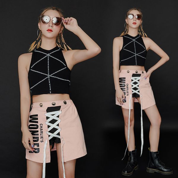 

2021 dance costume girls stage clothes jazz dancing black crop pink skirt bar party performance suit summer womens wear 675, Black;red