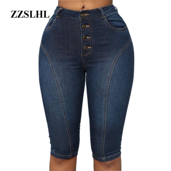 

2021 summer women high waist button down pockets denim skinny knee-length shorts jeans elastic jeans classic, White;black
