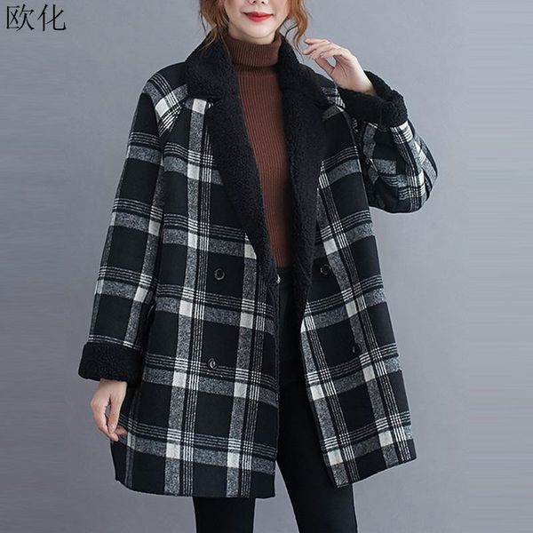 

plus size 4xl 5xl 6xl woolen coat new winter thicken lambswool coat for women batwing sleeve plaid double breasted woolen jacket, Black
