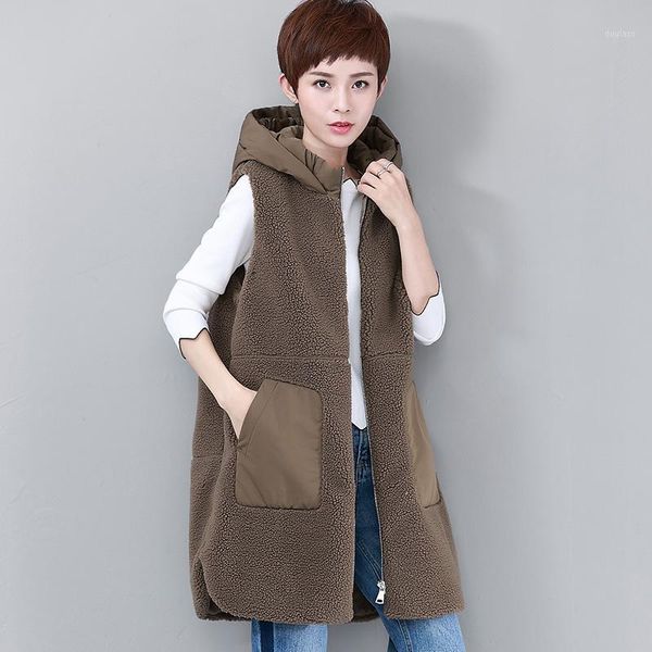 

thick hooded vest women fleece fabric quilted vest solid pockets sleeveless zipper coat 2 colors casual new fashion 20201, Black;white