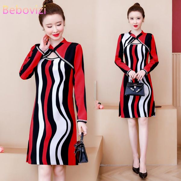 

ethnic clothing -4xl plus size autumn long sleeve qipao dress modern chinese traditional casual party women midi cheongsam dresses, Red