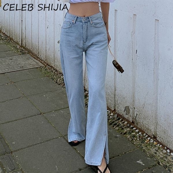 

shijia new women summer jeans casual denim trousers high waist straight streetwear blue wild split wide leg long pants 201029