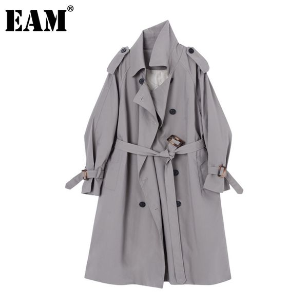 

[eam] women gray double breasted big size trench new lapel long sleeve loose fit windbreaker fashion spring autumn 1z141 201031, Tan;black