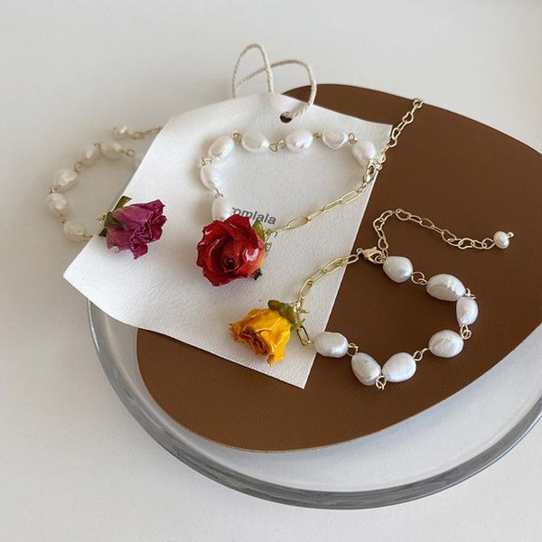 

french retro immortal rose dried flower bracelets for women female link chain pearl bracelet, Golden;silver