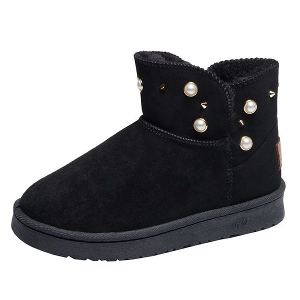 

2021 the new fashion teddy string warm shoes woman new metal rebite snow winter ankle mujer flat boots c031, Black