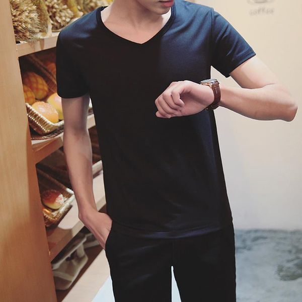 

fashion v-neck short sleeve t-shirts men summer new casual solid color t shirts black white male casual tees size m-2xl, White;black