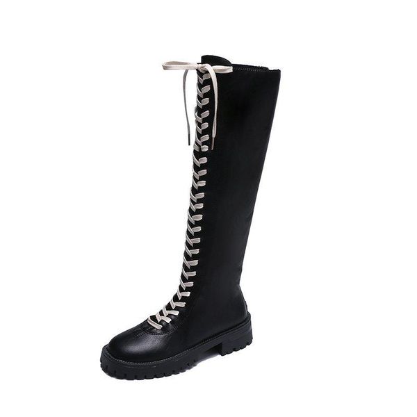 

boots gothic square low block high heels riding ladies lace-up platform rock knee thigh, Black