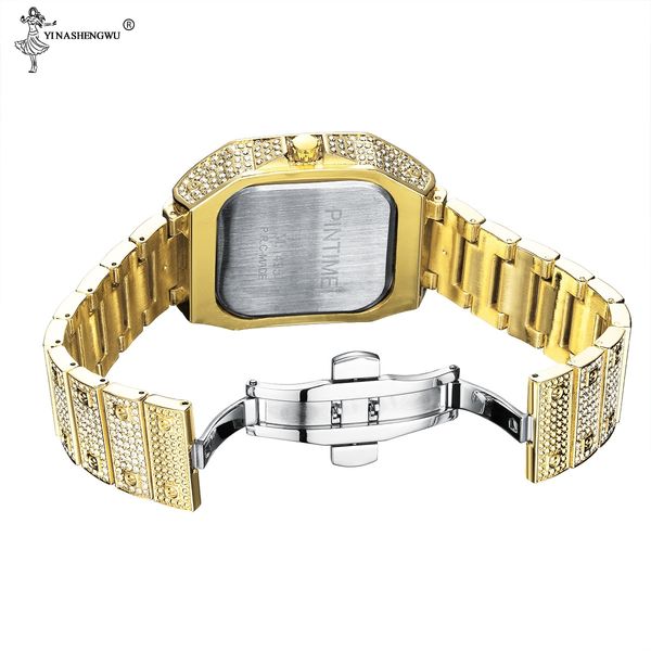

hip hop iced out men watch square diamond quartz luxury mens wrist watches gold roman calendar steel clock relogio masculino new, Slivery;brown