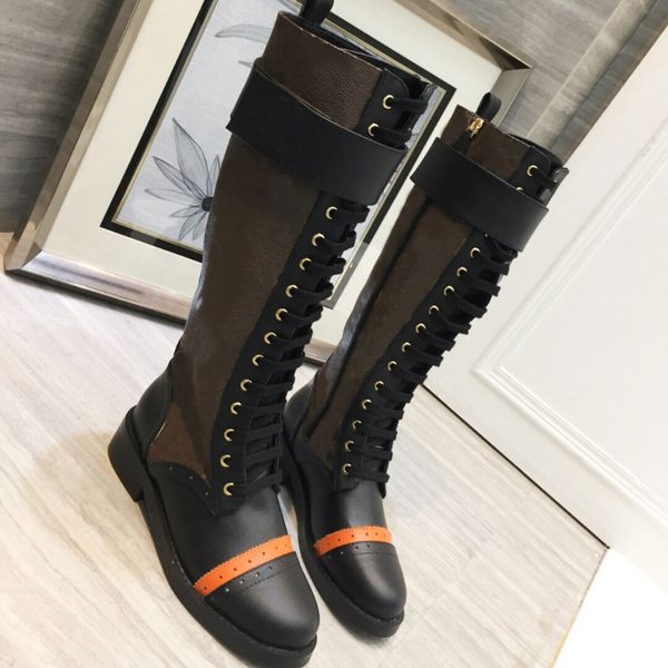 

luxurys women wonderland ranger lace-up boot designer lady glazed leather flat heel rubber outsole knee boots with box, Black