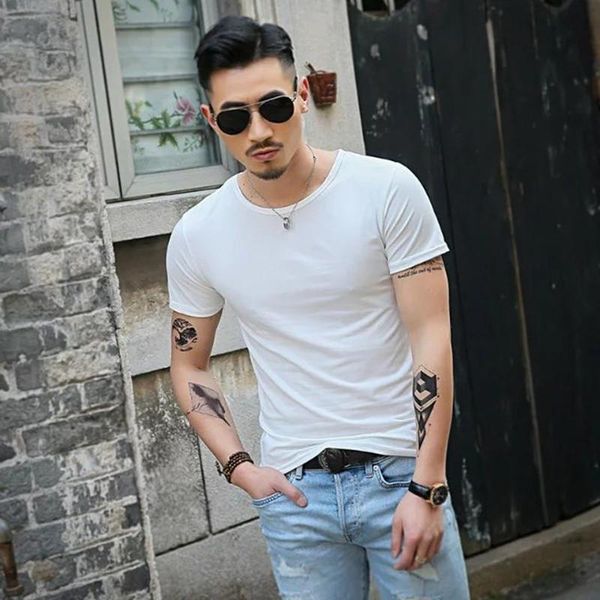 

men's t-shirts men tshirt short sleeve spandex fitness gym clothing man tees t shirt for male solid color tshirts slim t-shirt xs-xxl, White;black