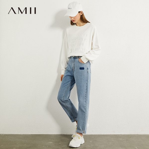 

amii minimalism autumn fashion embroidery female jeans causal cotton high waist straight ankel-length female jeans 12070215 201106, Blue