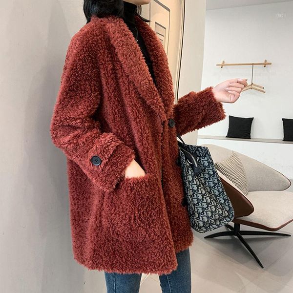 

2020 new winter mid-long coat women clothes sheep shearing real fur coat wool jacket women fur fashion outwear q2861, Black