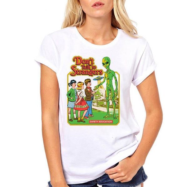 

women tshirts don't talk to stragers ufo summer ulzzang woman harajuku kawaii camisas mujer tee shirt t female t-shirt, White