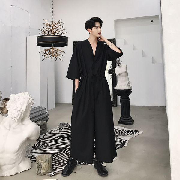 

2021 men will see v neck hip hop wide leg cargo vintage streetwear hairstylist personality overalls pants okg5, White;black