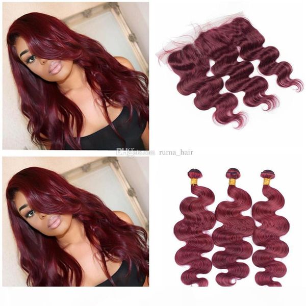 

brazilian 99j human hair bundles with lace frontal closure 9a wine red body wave human hair weave burgundy 3bundles with 13*4 full frontals, Black;brown