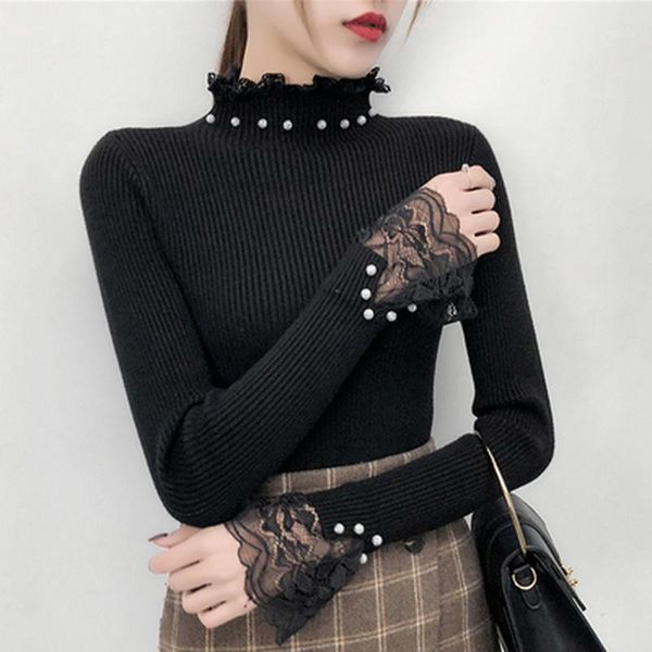 

turtleneck lace flare long sleeve women pullover sweater spring autumn korean beading knitted sweaters women beads pull new1, White;black