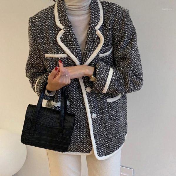 

women blazers notch collar long sleeve pocket single-breasted casual spring autumn chic plaid1, White;black