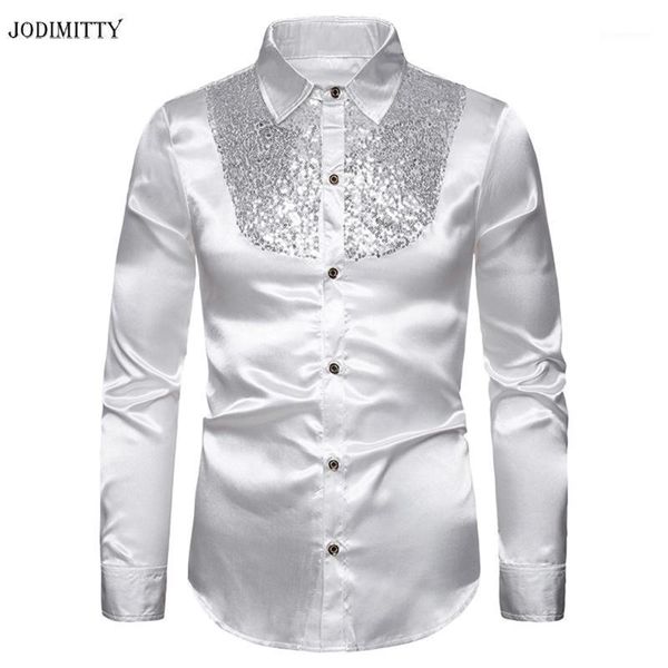 

jodimitty sequin silk satin shirt men wedding groom dress shirts solid mens nightclub disco dance prom costume chemise homme1, White;black