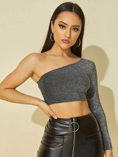 

one shoulder glitter t-shirt a96o#, White