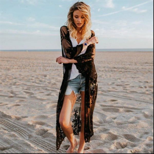 

women summer lace beach kimono cardigan feminino embroidery blouse long shirt black white camisa feminina 2021 tunic outerwear