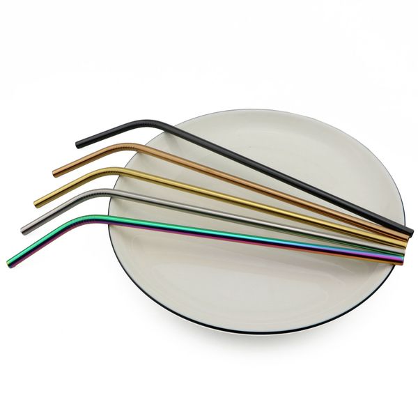 

304 stainless steel metal reusable coloful 6*265mm bend sturdy drinking straws for party wedding bar with cleaning brushoutlet9bbm