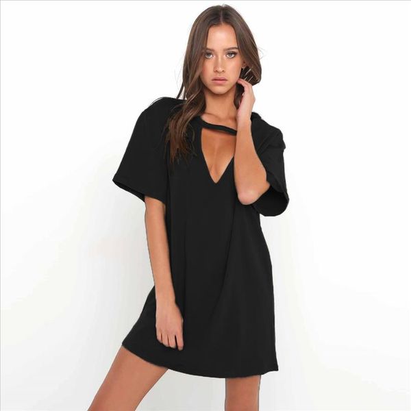 

2020 women tshirt mini dress choker v neck summer dresses long short sleeve casual halter boho beach dress vestidos autumn, Black;gray