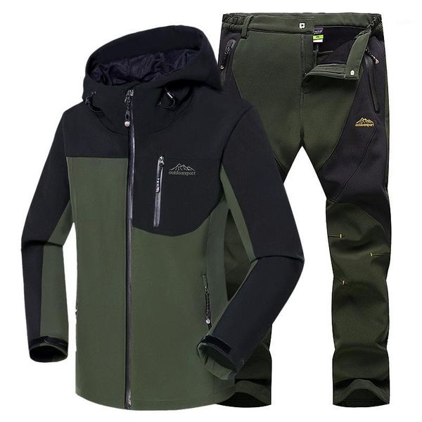 

winter softshell fleece hiking jacket set outdoor waterproof windproof coat camping climbing fishing ski jacket + pants1, Blue;black