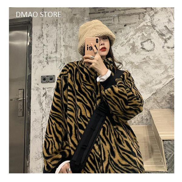 

2020 the new women's winter plush fur coat fashion leopard pattern coats oversized warm trench women jackets1, Black