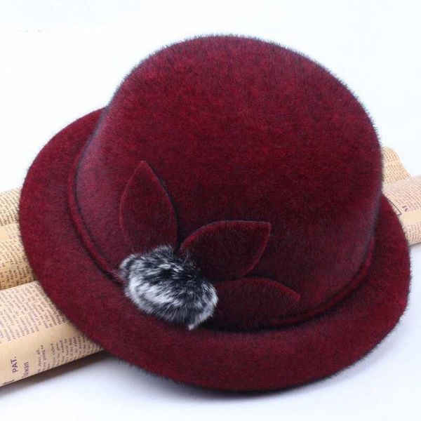 

wide brim hats ladies sunscreen caps autumn winter felt solid color vintage plush ball flowers petal decorative temperament accessories hat, Blue;gray