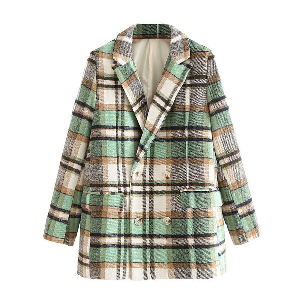 

2021 autumn winter women's woolen plaid suit jackets coats england style turn down collar double breasted slim female overcoats, Black